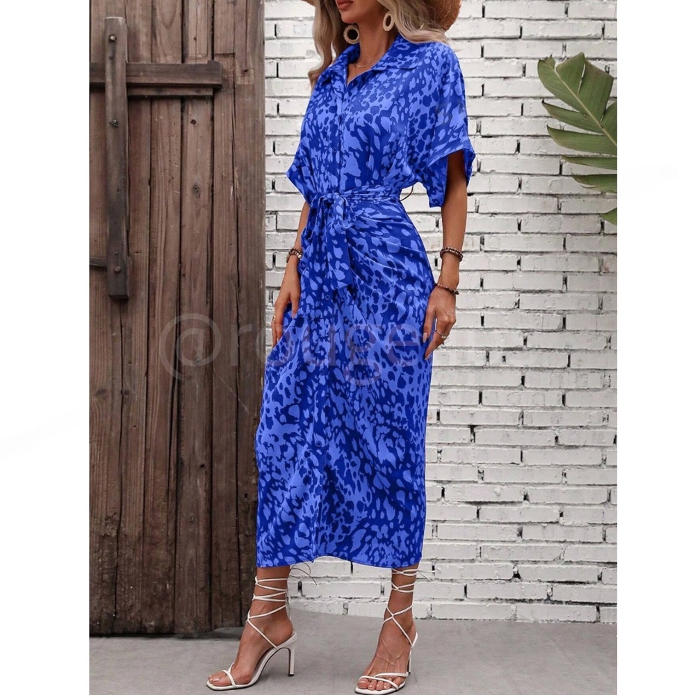 Spotted All Over Print Button Through Tie Belt Ruched Maxi Shirt Dress  Blue - Picture 6 of 9